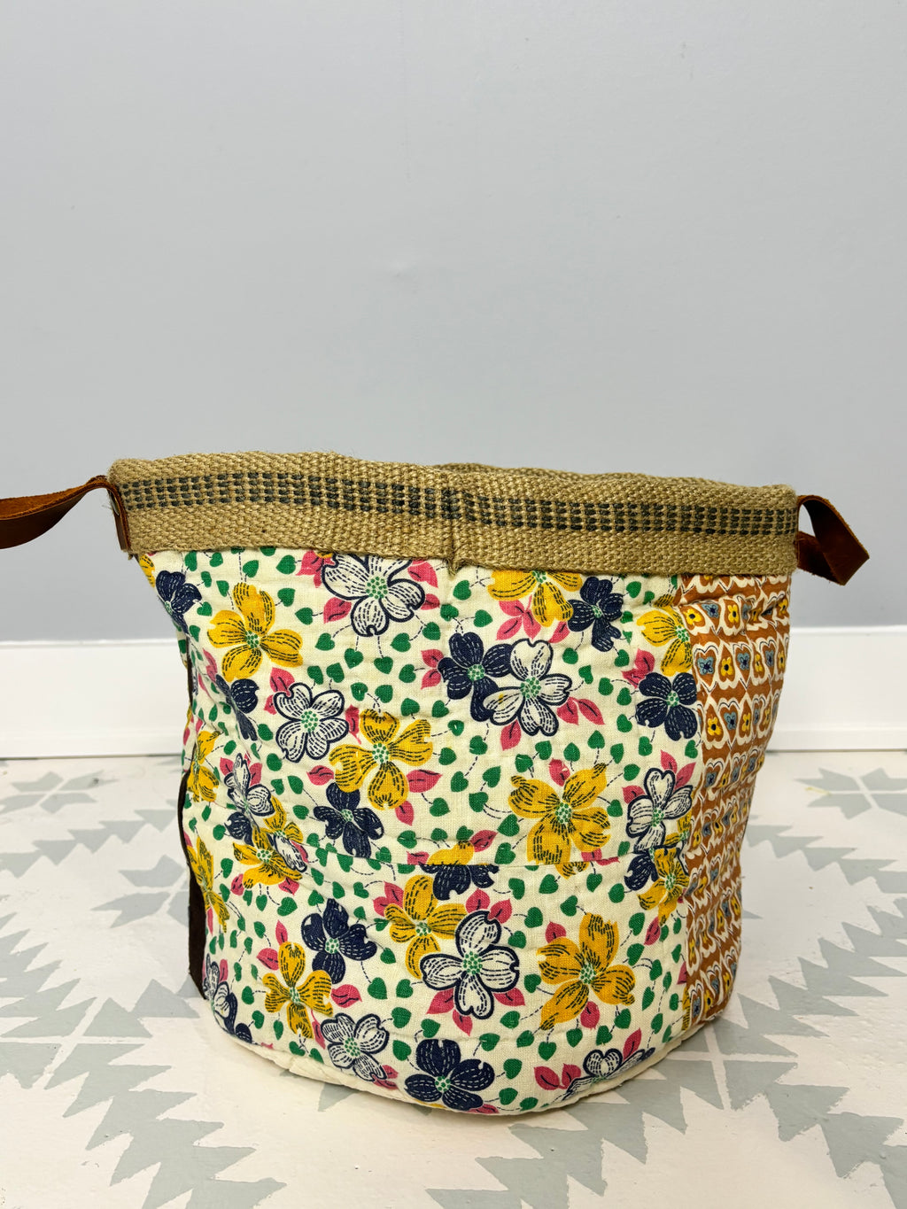 Heirloom Quilt Basket | Vintage Quilt Storage Basket with Leather Handles