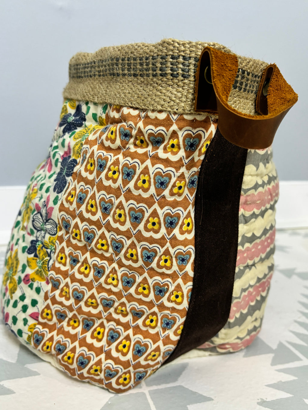 Heirloom Quilt Basket | Vintage Quilt Storage Basket with Leather Handles