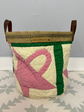 Heirloom Quilt Basket | Pink & Green Vintage Quilt Basket with Leather Handles