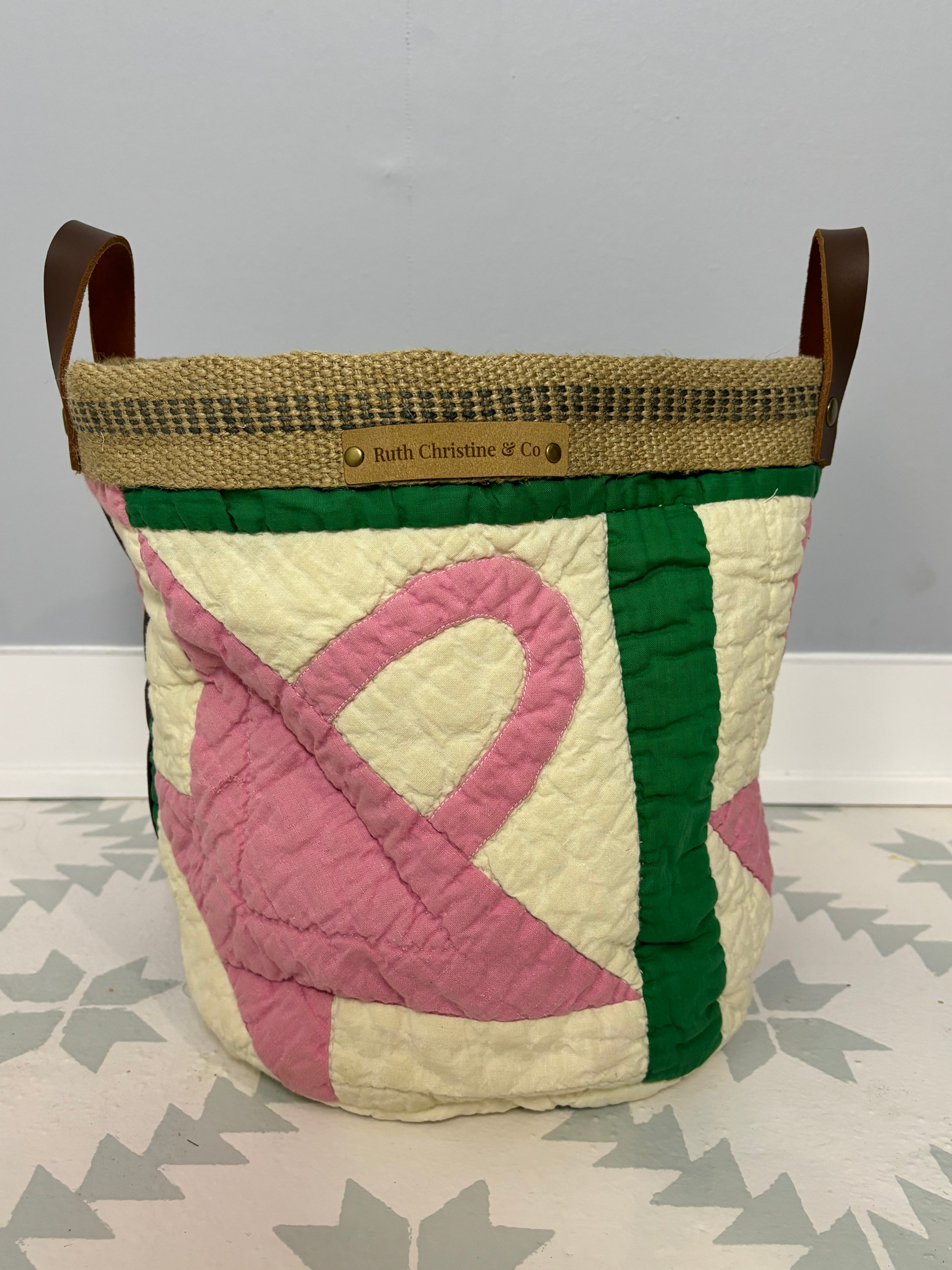 Heirloom Quilt Basket | Pink & Green Vintage Quilt Basket with Leather Handles